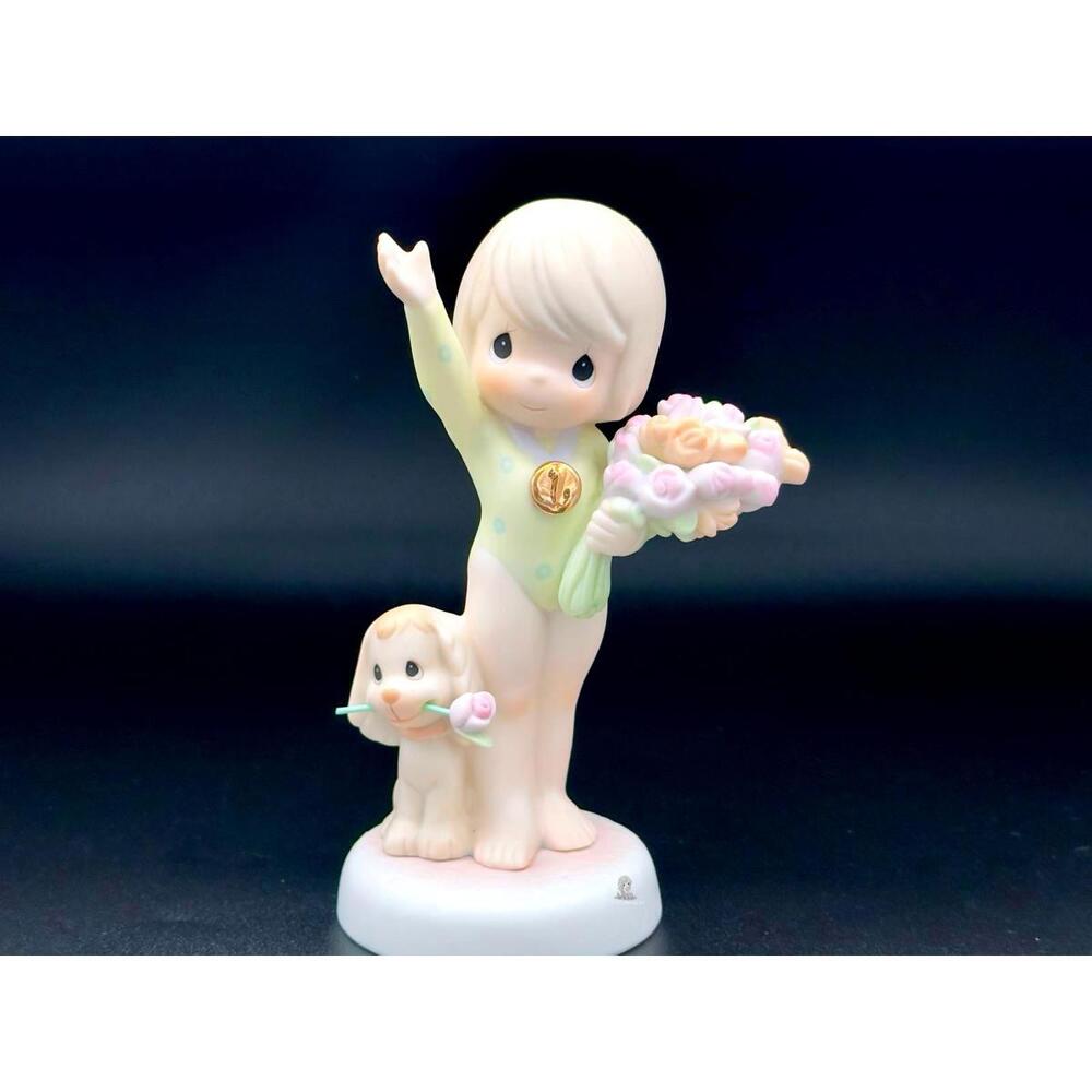 Precious Moments Figurine with Boy and Dog Holding Flowers